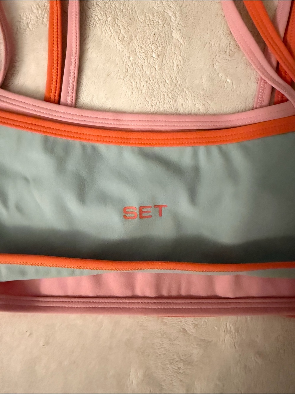 NWT SET Active Light Blue Bike Shorts and Sports Bra with Pink and Orange Trim - Picture 9 of 12